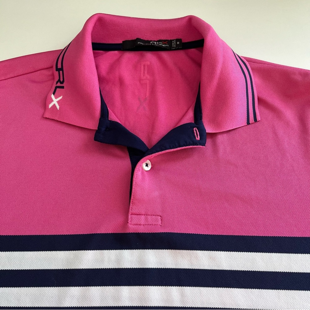 RLX Ralph Lauren Men’s Pink Navy White Striped short sleeve polo medium‎ golf